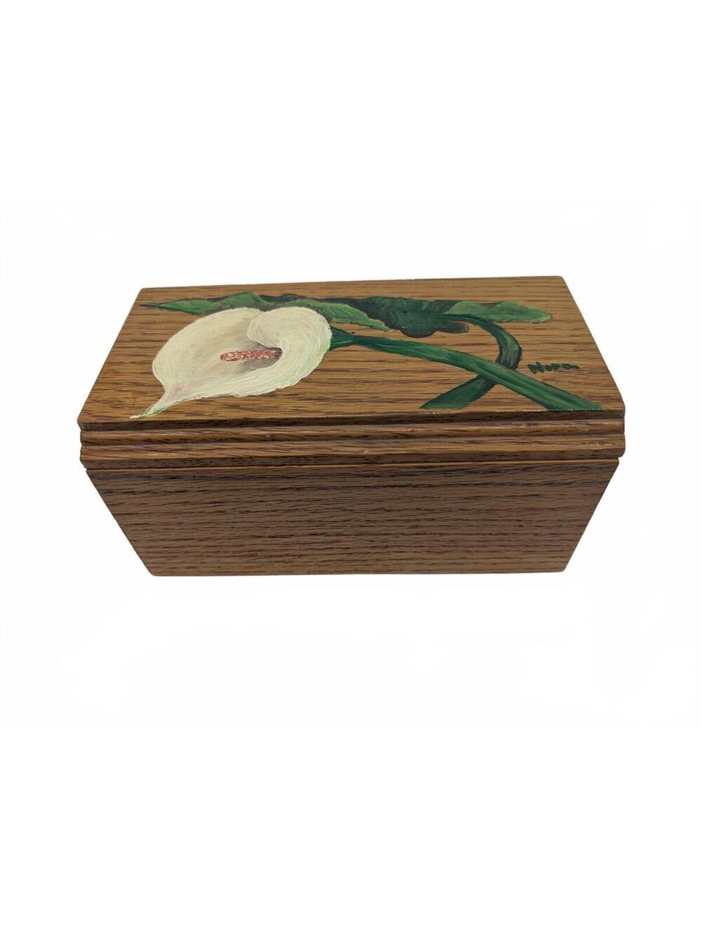 Vintage Artist Signed Hand Painted Calla Lily Solid Wood Keepsake Box